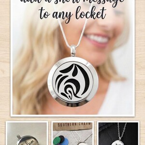 May include: A silver-colored locket necklace with a black and white design. The image includes the text "add a short message to any locket." Additional images show lockets with the words "Believe" and "Just Breathe."
