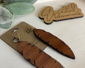 Feather Laser Engraved Dangle Hoop Earrings | Gift for Her | Handmade