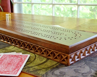 Carved walnut 2 track Cribbage board with storage for pegs and cards | Gifts