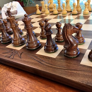 Wooden chess board with calligraphy style carved border and choice of chess pieces (3.25&quot; king)
