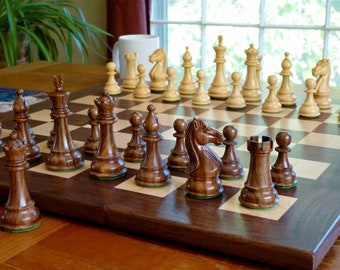 Tournament size wooden chess set with solid walnut border and premium pieces (4" king)