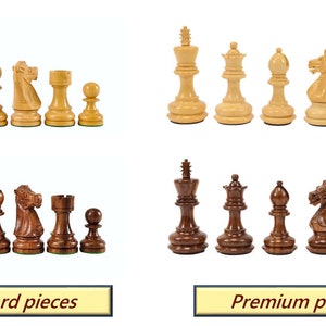 Side by side comparison of standard and premium wooden chess pieces.