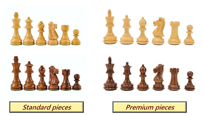 Side by side comparison of standard and premium wooden chess pieces.