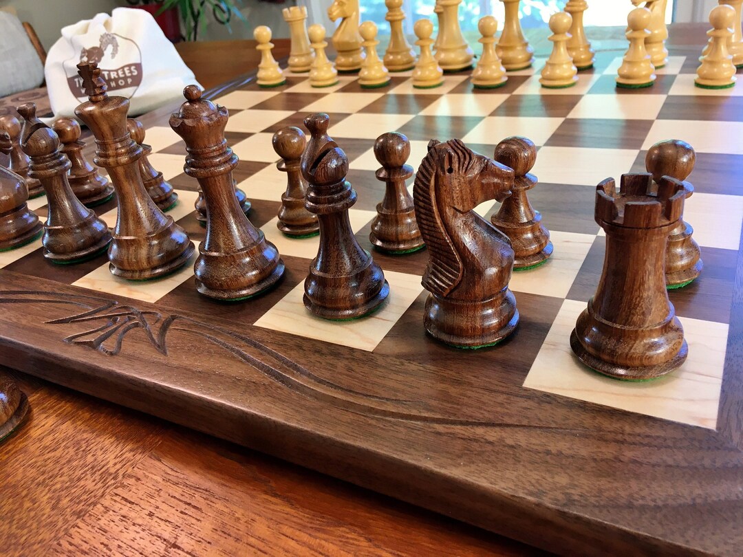 Wooden Chess Set With Calligraphy Style Carved Handmade Board and ...