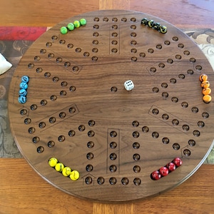 Solid walnut Wahoo/Aggravation, double-sided board with fancy glass marbles
