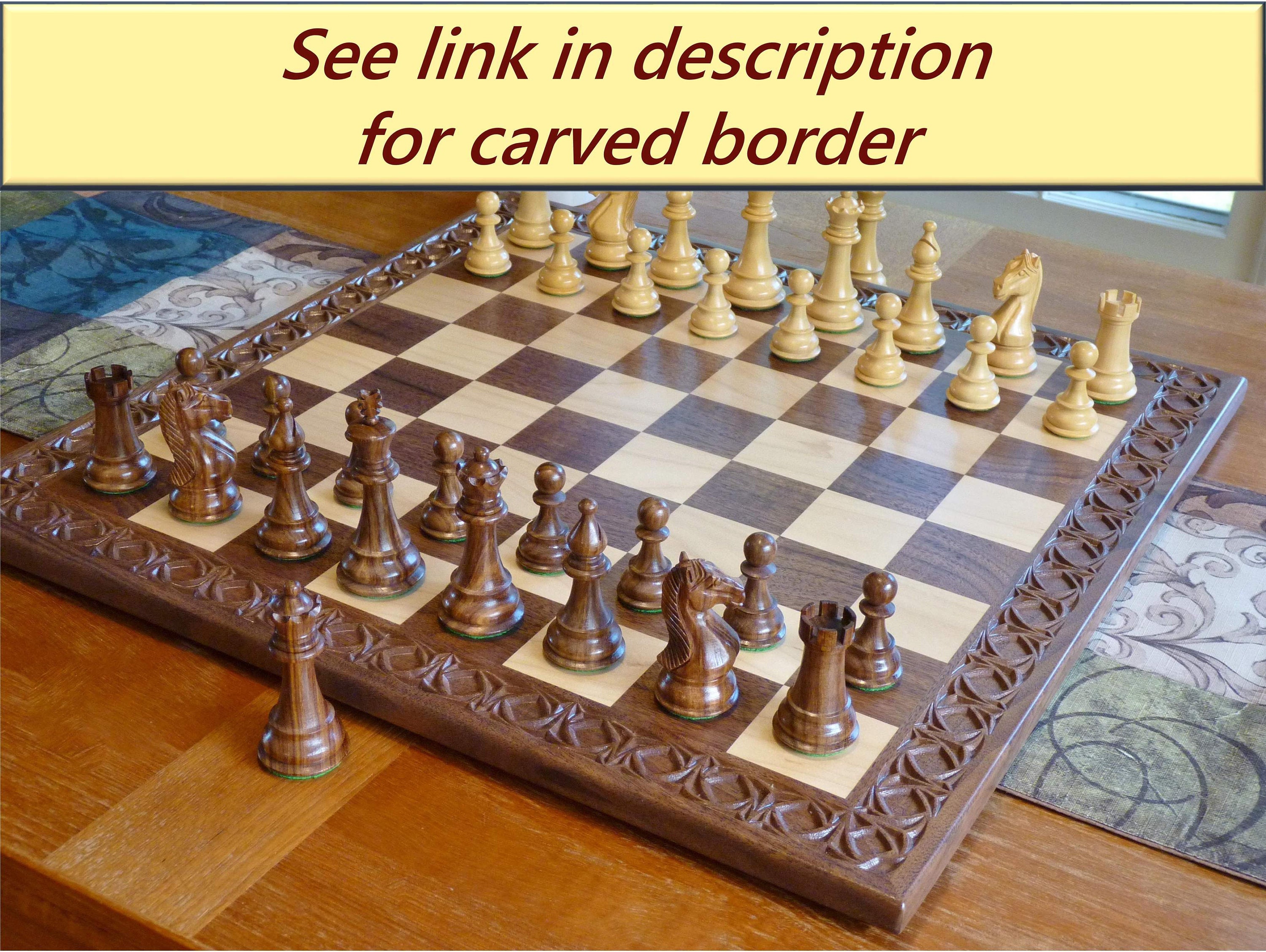 Tournament size wooden chess board with carved border and wooden pieces —  Three Trees Workshop