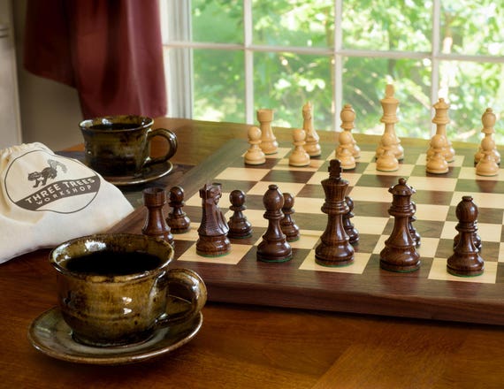 Tournament size wooden chess board with carved border and wooden pieces —  Three Trees Workshop