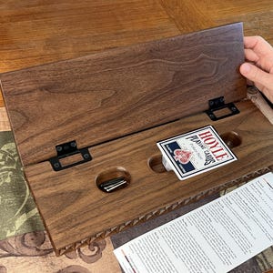 Handmade 2 Track Cribbage Board: Walnut, Cherry, or Oak; Storage for Pegs & Cards; Carved image 2