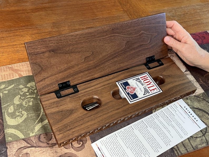 Handmade 2 Track Cribbage Board: Walnut, Cherry, or Oak; Storage for Pegs & Cards; Carved image 2