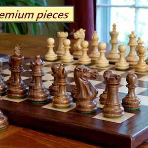 Handmade walnut and maple chess board with premium wooden chess pieces