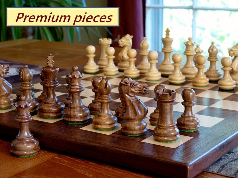 Handmade walnut and maple chess board with premium wooden chess pieces