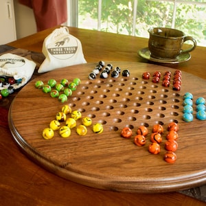 16.5 inch wooden Chinese checkers board with fancy marbles in walnut or cherry