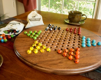 16.5 inch wooden Chinese checkers board with fancy marbles in walnut or cherry