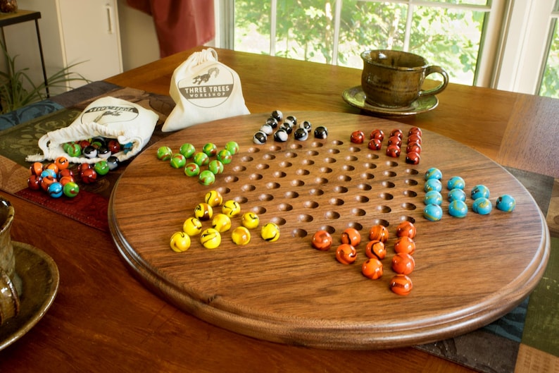16.5 inch wooden Chinese checkers board with fancy marbles in walnut or cherry