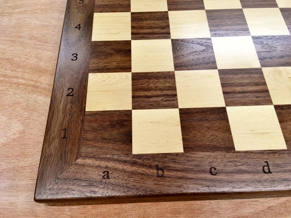 Tournament size wooden chess board with carved border and wooden pieces —  Three Trees Workshop