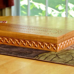 Handmade 2 Track Cribbage Board: Walnut, Cherry, or Oak; Storage for Pegs & Cards; Carved Cherry