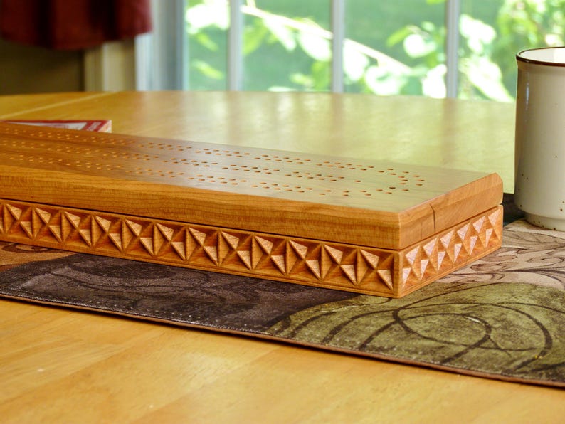 Handmade 2 Track Cribbage Board: Walnut, Cherry, or Oak; Storage for Pegs & Cards; Carved Cherry