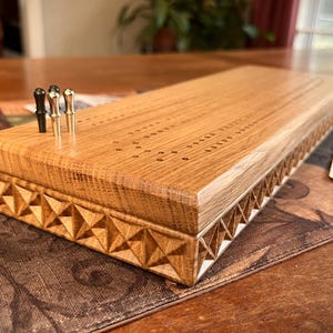 Handmade 2 Track Cribbage Board: Walnut, Cherry, or Oak; Storage for Pegs & Cards; Carved Oak