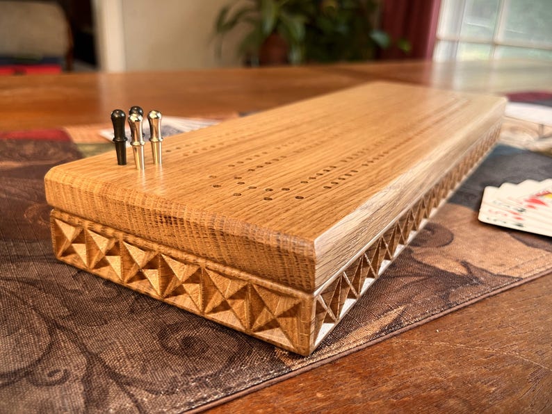 Handmade 2 Track Cribbage Board: Walnut, Cherry, or Oak; Storage for Pegs & Cards; Carved Oak