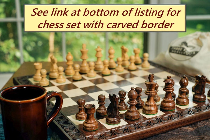 Picture of chess board with carved border on a table with text that says: see link in listing for chess set with carved border