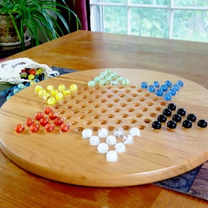 Handmade Chinese checkers and solitaire 2-in-1 game board, solid walnut or cherry, glass marbles
