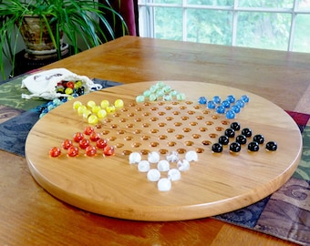 Handmade Chinese checkers and solitaire 2-in-1 game board, solid walnut or cherry, glass marbles