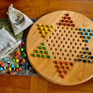 Wooden Chinese checkers board (16.5 inches) with fancy marbles, in solid cherry, walnut, or oak | Gifts