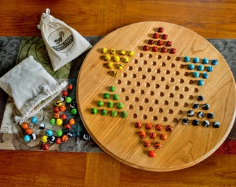 Wooden Chinese checkers board (16.5 inches) with fancy marbles, in solid cherry or walnut | Gifts