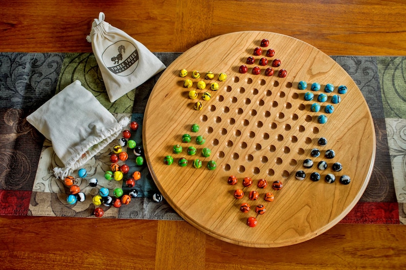 Wooden Chinese checkers board (16.5 inches) with fancy marbles, in solid cherry or walnut