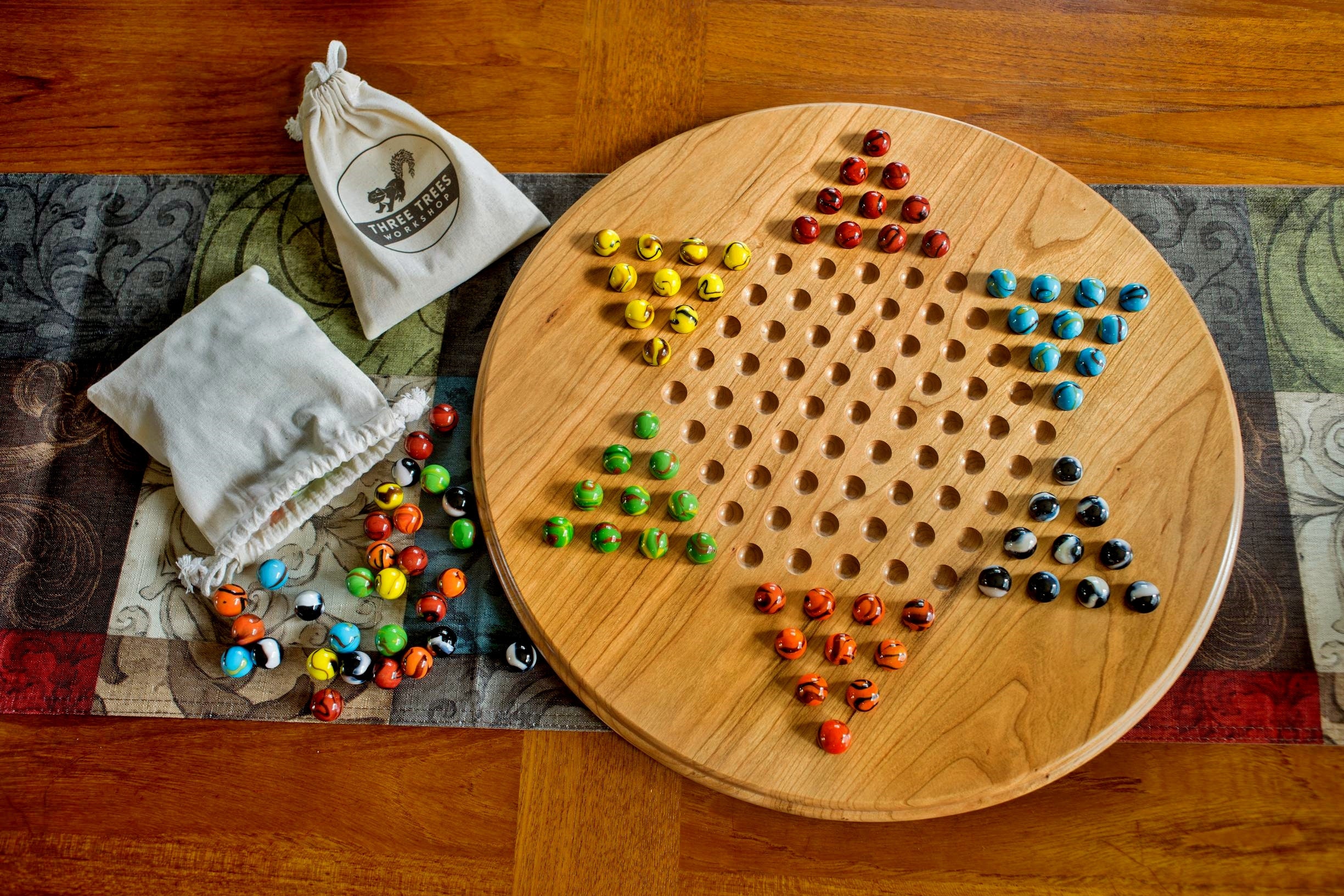 Tournament size wooden chess board with carved border and wooden pieces —  Three Trees Workshop