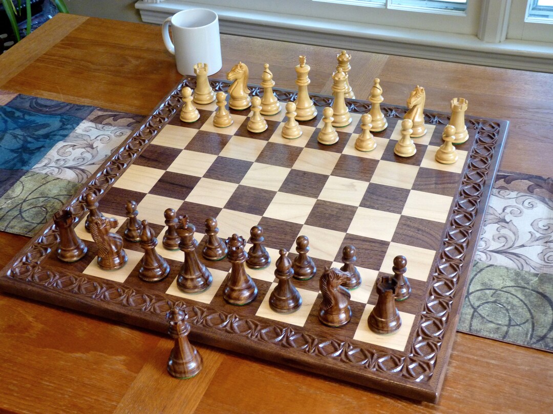 Tournament Size Wooden Chess Set With Geometric Carved Walnut Border