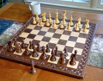 Tournament size wooden chess board with carved border and wooden pieces —  Three Trees Workshop