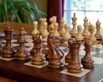 Walnut and maple chess board with wooden pieces (3.25&quot; king)