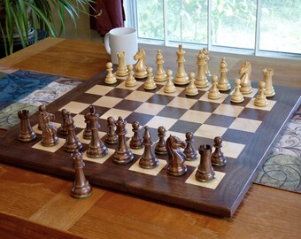 Tournament size wooden chess board with carved border and wooden pieces —  Three Trees Workshop