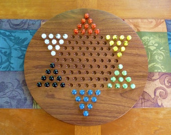 Wooden Chinese checkers and solitaire 2-in-1 game board (16.5 inches) with fancy glass marbles