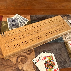 Handmade 2 Track Cribbage Board: Walnut, Cherry, or Oak; Storage for Pegs & Cards; Carved image 5