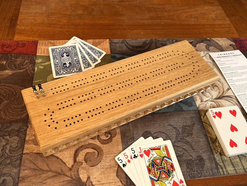 Handmade 2 Track Cribbage Board: Walnut, Cherry, or Oak; Storage for Pegs & Cards; Carved image 5
