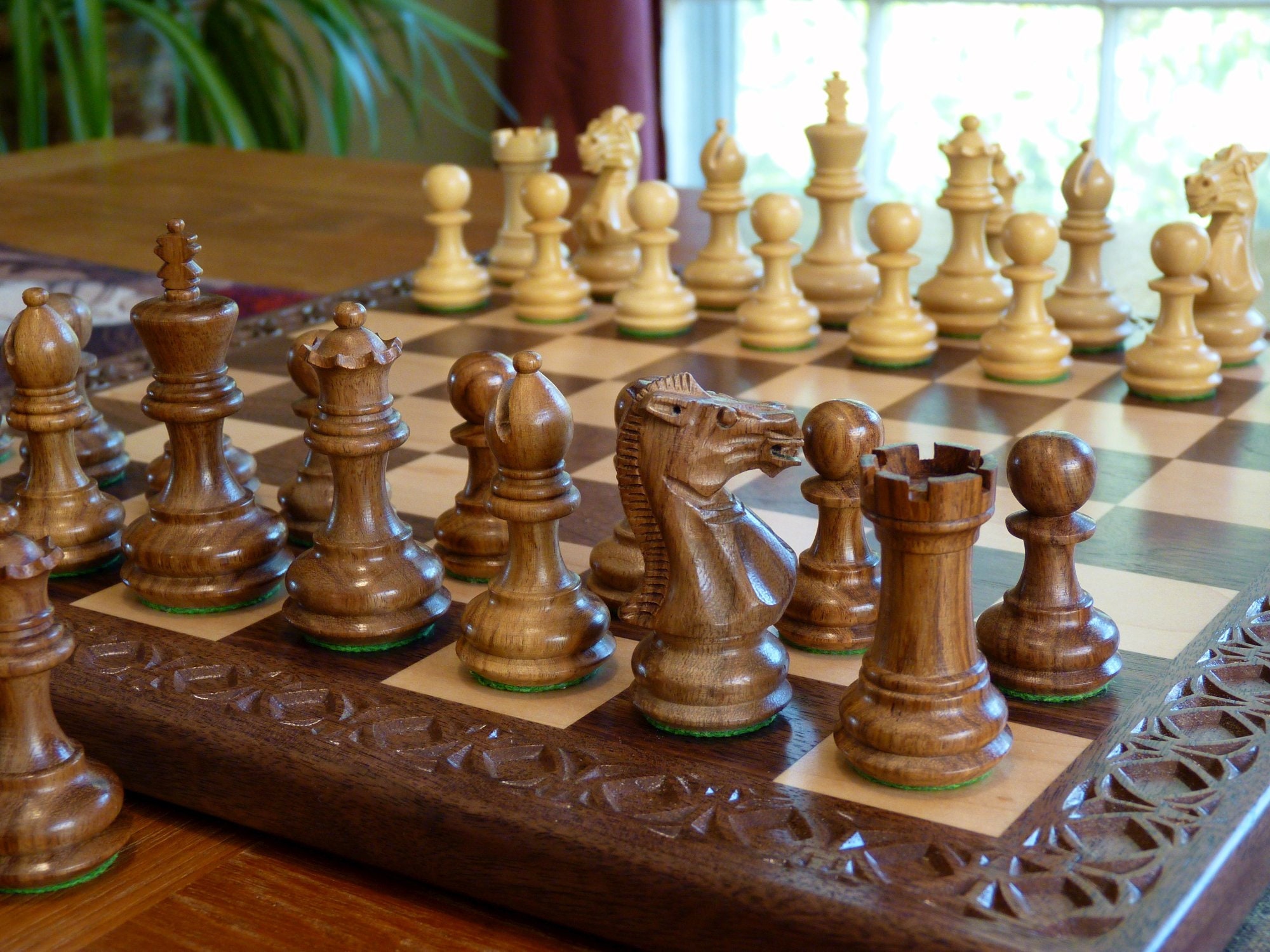 Tournament size wooden chess board with carved border and wooden pieces —  Three Trees Workshop