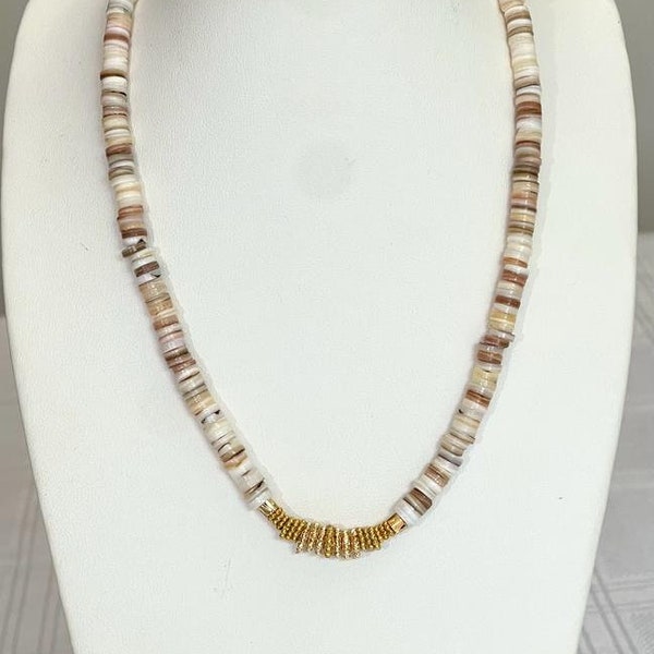 White Sandy Beige  Heishi Shell  Beads Necklaces with  an 18K Gold Plated  Daysies GOLDBAR, and lobster lock.