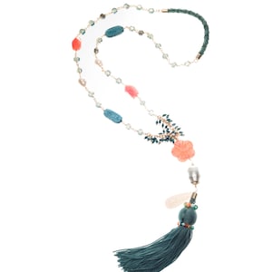 Teal, Coral Beads, Crystal Cluster, White Freshwater Pearl, Gold Filled Necklace.