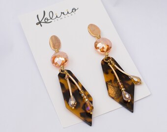 Amber Round Faceted Crystal, Tortoise Shell Acetate Beads, hanging from a Gold Filled Brushed Oval Earstud Earrings
