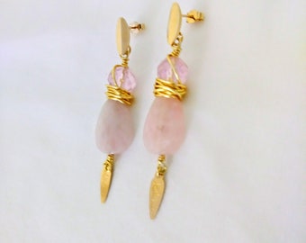 PINK Rose QUARTZ LEAF  with Round Faceted Pink Crystal and an Oval  Gold Filled Earstud Earrings