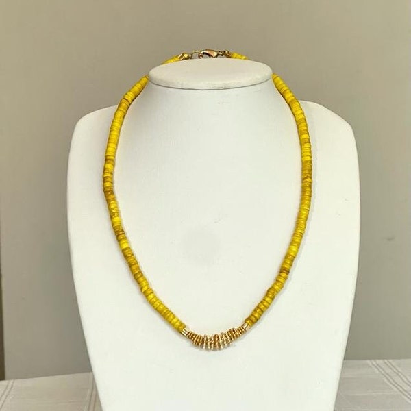 Mustard Yellow Dyed Heishi Stone Beads Necklaces with  an 18K Gold Plated  Daysies GOLDBAR, and lobster lock.