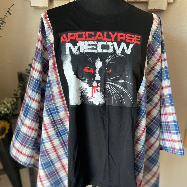 Apocalypse Meow Refashion Free Size Blouse Boho Vibes OSFM One Size Upcycle Refashioned Upcycled