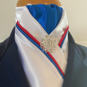 HHD White Custom Dressage Equestrian Stock Tie Royal Blue and Red