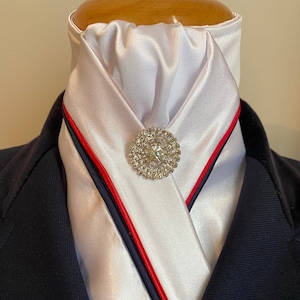 HHD White Custom Equestrian Dressage Stock Tie Navy Blue and Red piping brooch included