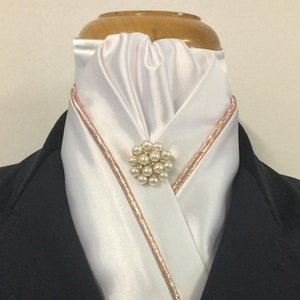 HHD White Satin Custom Dressage Stock Tie with Rose Gold Piping & Pearl Pin