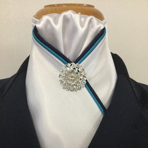 HHD White Satin Equestrian Dressage Stock Tie With Navy Blue & Aqua Piping