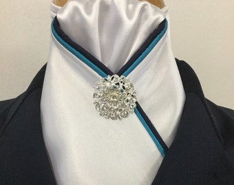 HHD White Satin Equestrian Dressage Stock Tie With Navy Blue & Aqua Piping