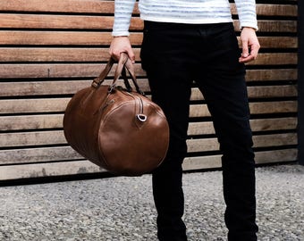 Brown Leather Duffle Bag  Men Small Shoulder Travel Weekender with Shoe Compartment, Gym Sports Carry On. Handmade. Custom Monogram Gift